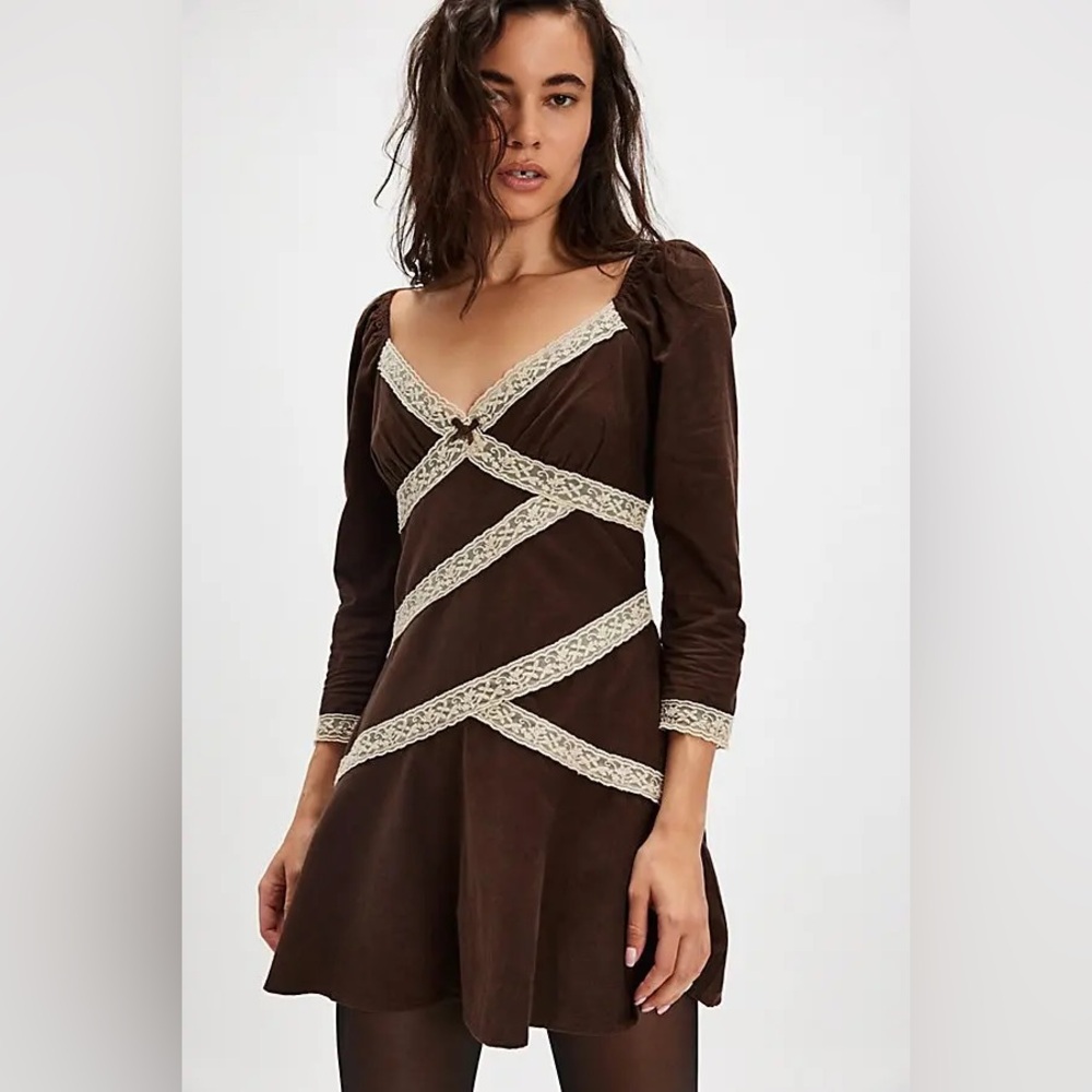NWOT Free People Tennley Corduroy Mini Dress in Chocolate Torte Combo